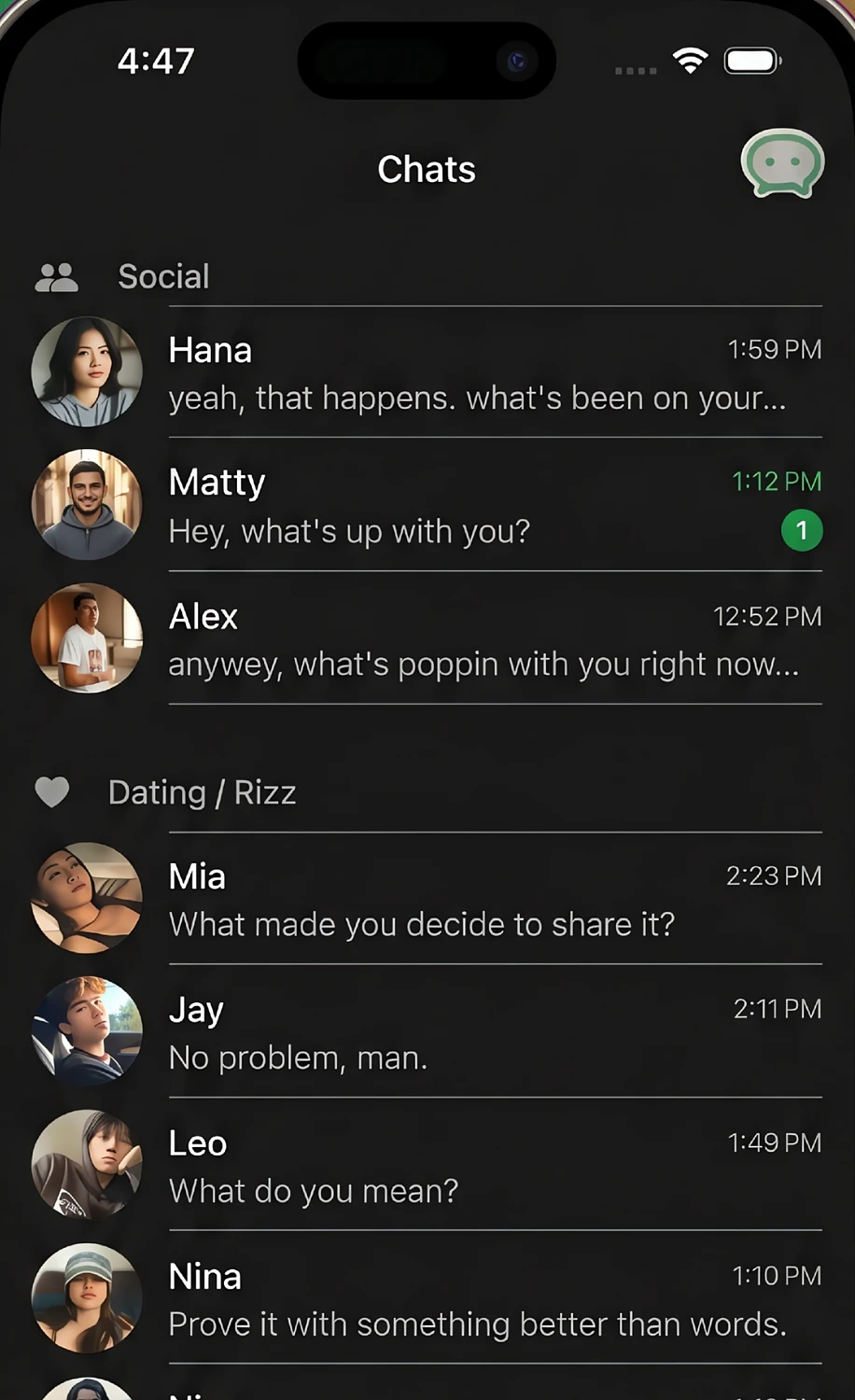 WhatsGen chat list with conversations across Social, Dating and Professional modes