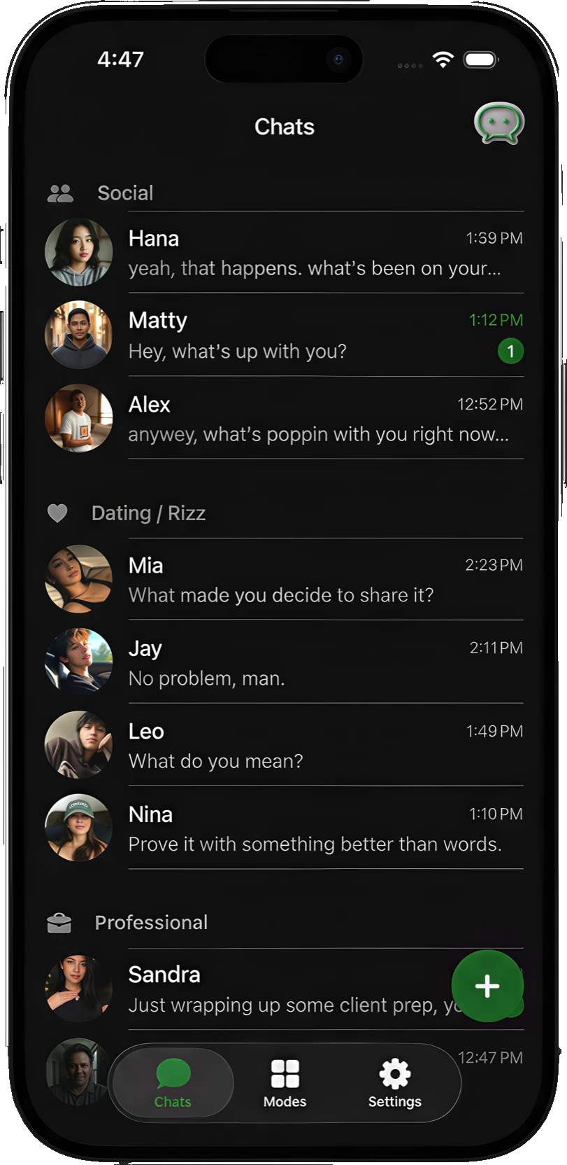 WhatsGen chat list showing recent conversations