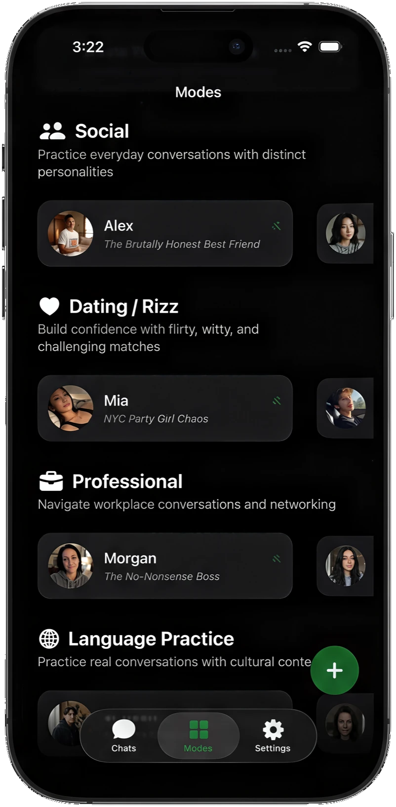 WhatsGen modes tab showing Social, Dating, Professional, and Language Practice
